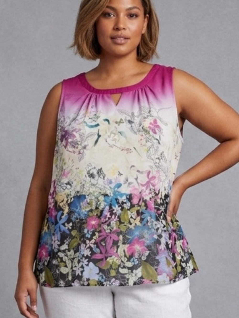 CJ Banks Floral Butterfly Meadow Print Tank Size 3X Sleeveless Top Flowy Fairy